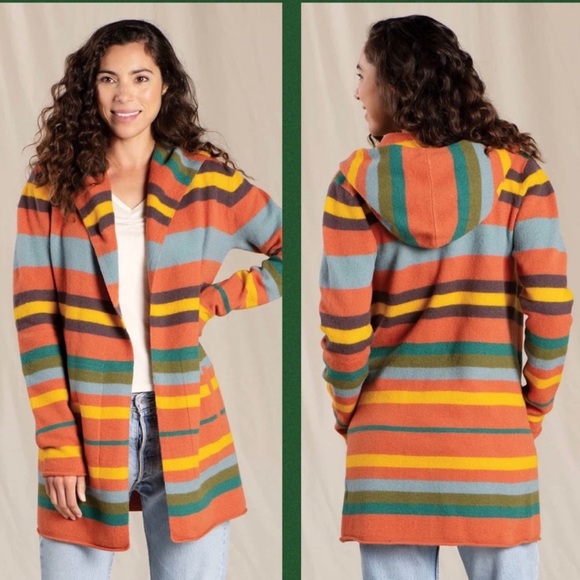 Toad&Co Sweaters - Toad & Co Heartfelt Merino Wool Hoodie in Orange/Yellow/Olive Green/Blue Medium